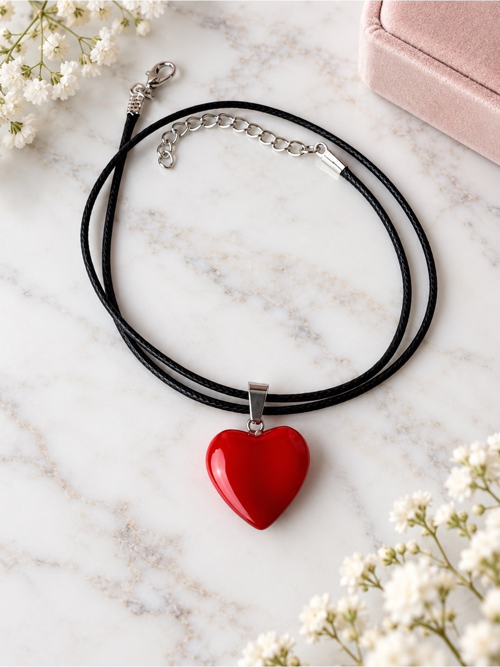 Red Heart Pendant Necklace for Women - Black Cord